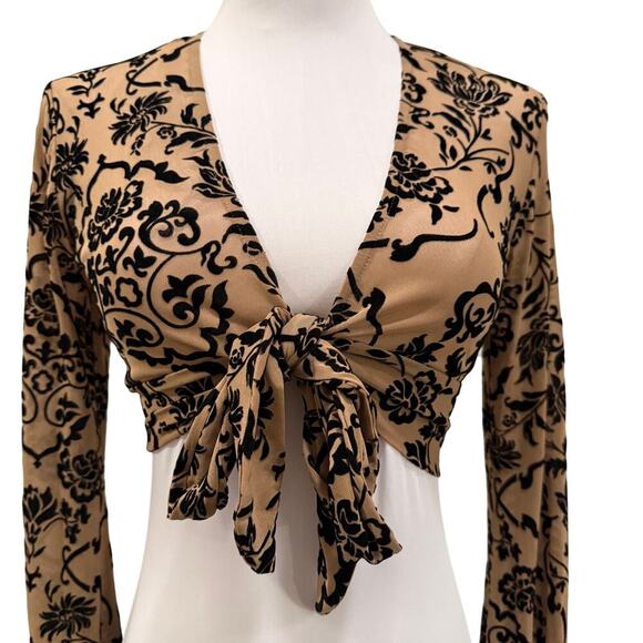 Windsor Tops - Windsor Burnout Velvet Tie Front Long Sleeve Floral Crop Top Tan Black Small